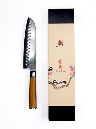 Exclusive Aka Tori Kyoto Olive 7" Santoku Knife – Damascus Steel Business Gift with Custom Engraving Option