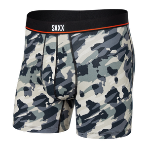 Men's elastic SAXX NON-STOP STRETCH Boxer Brief with a poppy camouflage fly - gray.