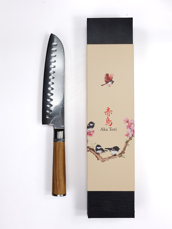 Exclusive Aka Tori Kyoto Olive 7" Santoku Knife – Damascus Steel Business Gift with Custom Engraving Option